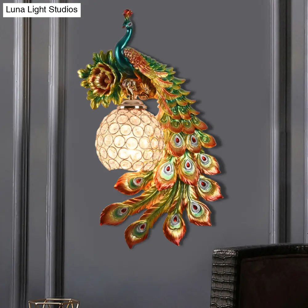 Modern Resin Flower And Peacock Wall Lamp - Dining Room Fixture With Clear K9 Crystal Shade In