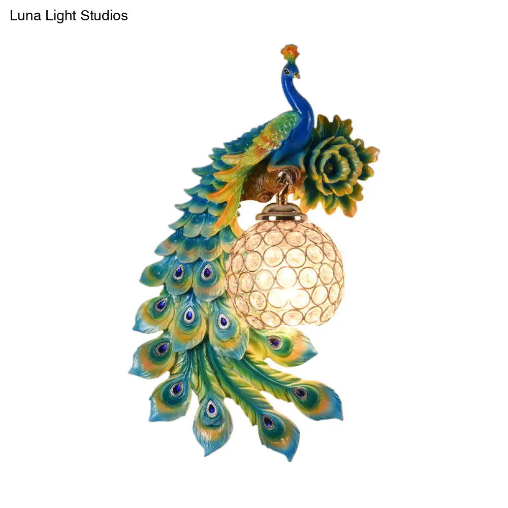 Modern Resin Flower And Peacock Wall Lamp - Dining Room Fixture With Clear K9 Crystal Shade In