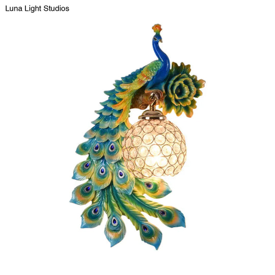 Modern Resin Flower And Peacock Wall Lamp - Dining Room Fixture With Clear K9 Crystal Shade In