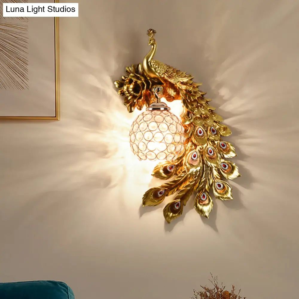 Modern Resin Flower And Peacock Wall Lamp - Dining Room Fixture With Clear K9 Crystal Shade In