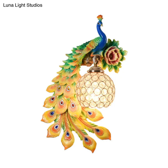 Modern Resin Flower And Peacock Wall Lamp - Dining Room Fixture With Clear K9 Crystal Shade In