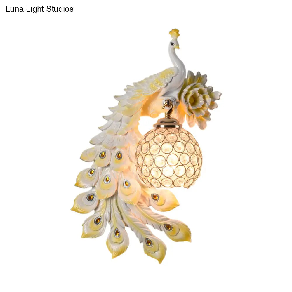 Modern Resin Flower And Peacock Wall Lamp - Dining Room Fixture With Clear K9 Crystal Shade In