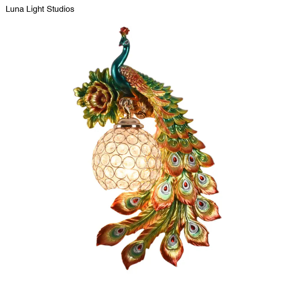 Modern Resin Flower And Peacock Wall Lamp - Dining Room Fixture With Clear K9 Crystal Shade In