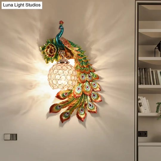 Modern Resin Flower And Peacock Wall Lamp - Dining Room Fixture With Clear K9 Crystal Shade In