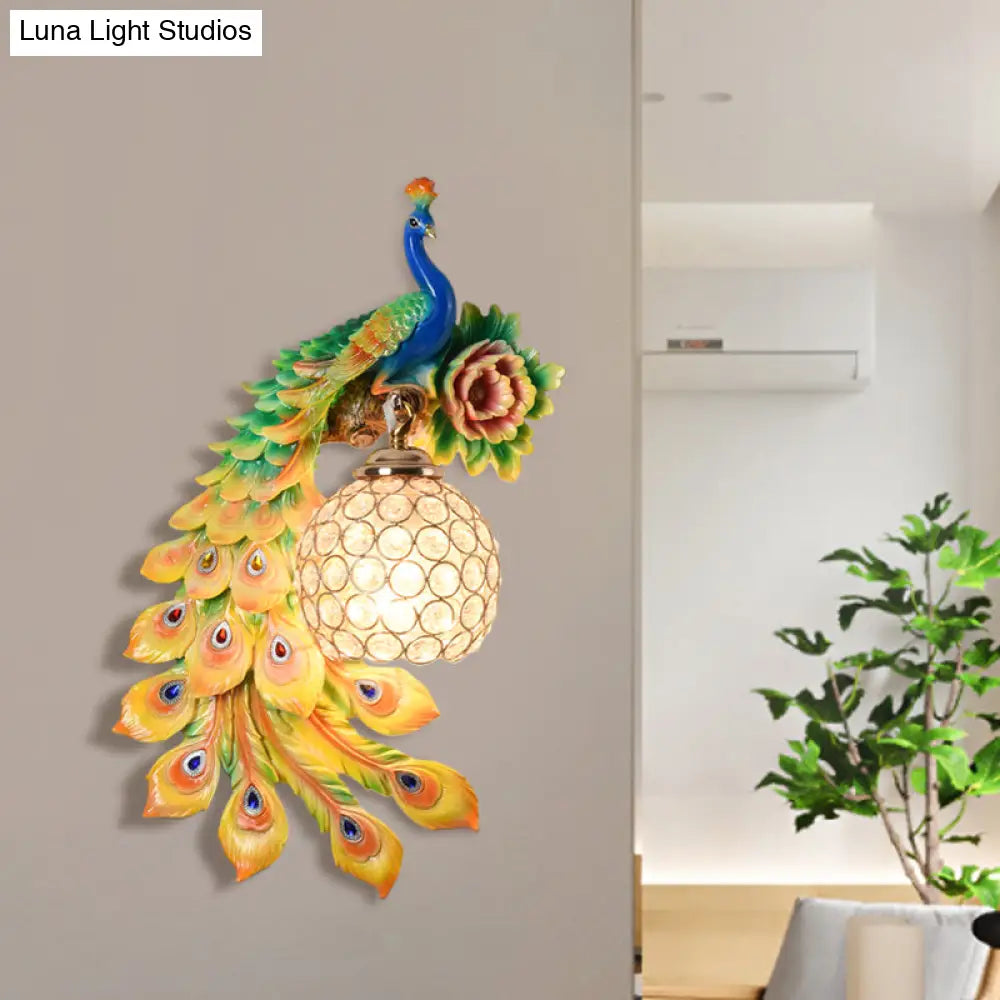 Modern Resin Flower And Peacock Wall Lamp - Dining Room Fixture With Clear K9 Crystal Shade In