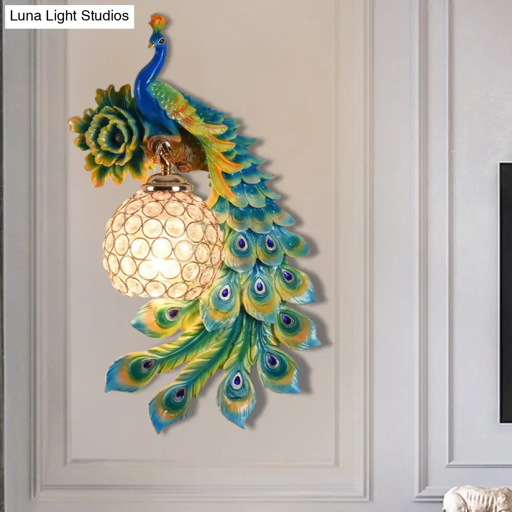 Modern Resin Flower And Peacock Wall Lamp - Dining Room Fixture With Clear K9 Crystal Shade In