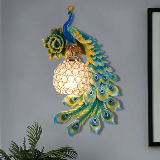 Modern Resin Flower And Peacock Wall Lamp - Dining Room Fixture With Clear K9 Crystal Shade In