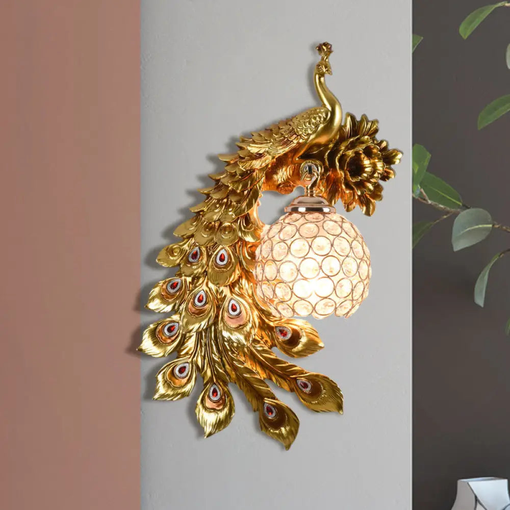 Modern Resin Flower And Peacock Wall Lamp - Dining Room Fixture With Clear K9 Crystal Shade In