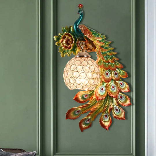 Modern Resin Flower And Peacock Wall Lamp - Dining Room Fixture With Clear K9 Crystal Shade In