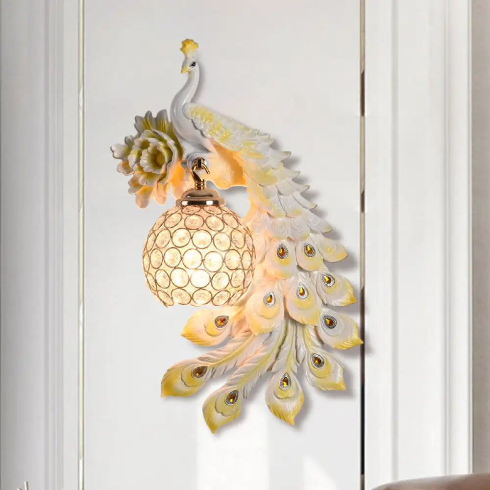 Modern Resin Flower And Peacock Wall Lamp - Dining Room Fixture With Clear K9 Crystal Shade In