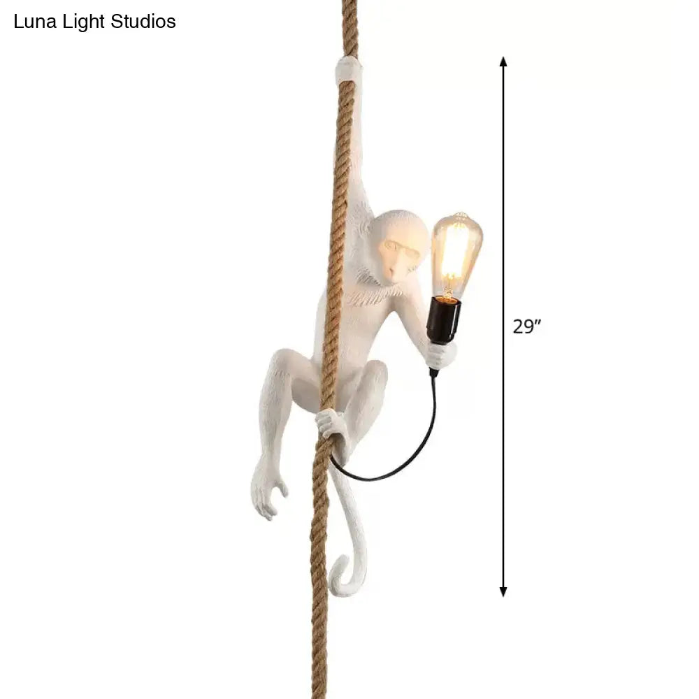 Modern Resin Monkey Ceiling Pendant Light With Rope Cord - 1-Light White Lamp