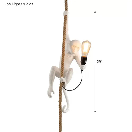 Modern Resin Monkey Ceiling Pendant Light With Rope Cord - 1-Light White Lamp