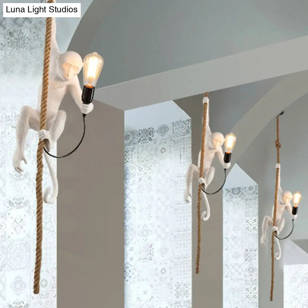 Modern Resin Monkey Ceiling Pendant Light With Rope Cord - 1-Light White Lamp