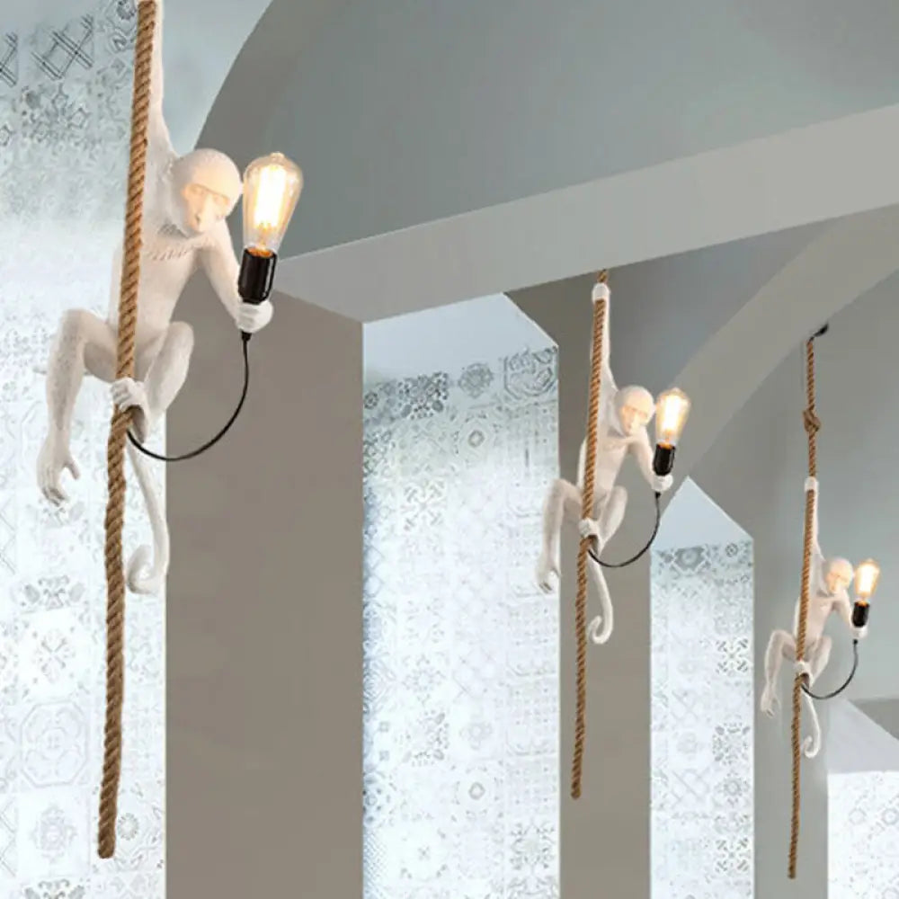 Modern Resin Monkey Ceiling Pendant Light With Rope Cord - 1-Light White Lamp