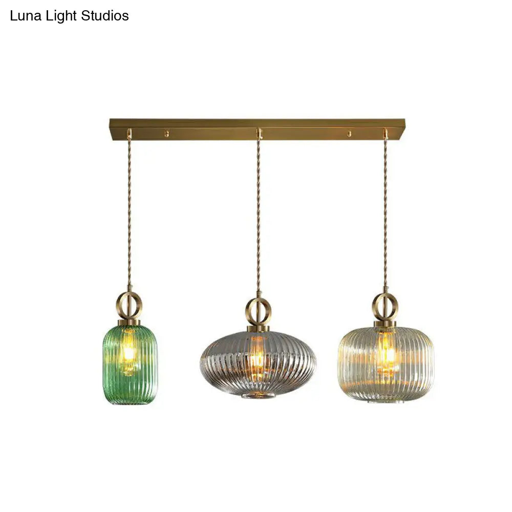 Modern Geometric Multi-Light Pendant With Ribbed Glass Panels - Brass Finish 3-Bulb Suspension