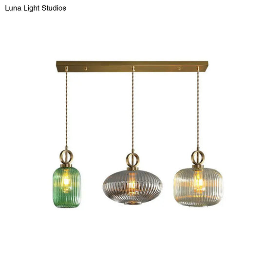 Modern Geometric Multi-Light Pendant With Ribbed Glass Panels - Brass Finish 3-Bulb Suspension