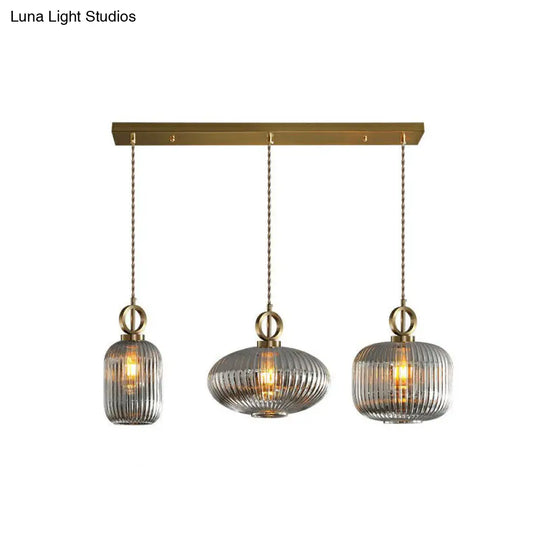 Modern Geometric Multi-Light Pendant With Ribbed Glass Panels - Brass Finish 3-Bulb Suspension