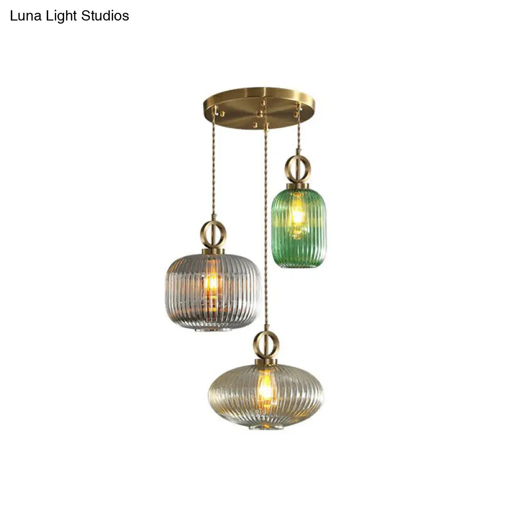 Modern Geometric Multi-Light Pendant With Ribbed Glass Panels - Brass Finish 3-Bulb Suspension