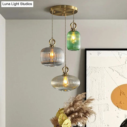 Modern Geometric Multi-Light Pendant With Ribbed Glass Panels - Brass Finish 3-Bulb Suspension