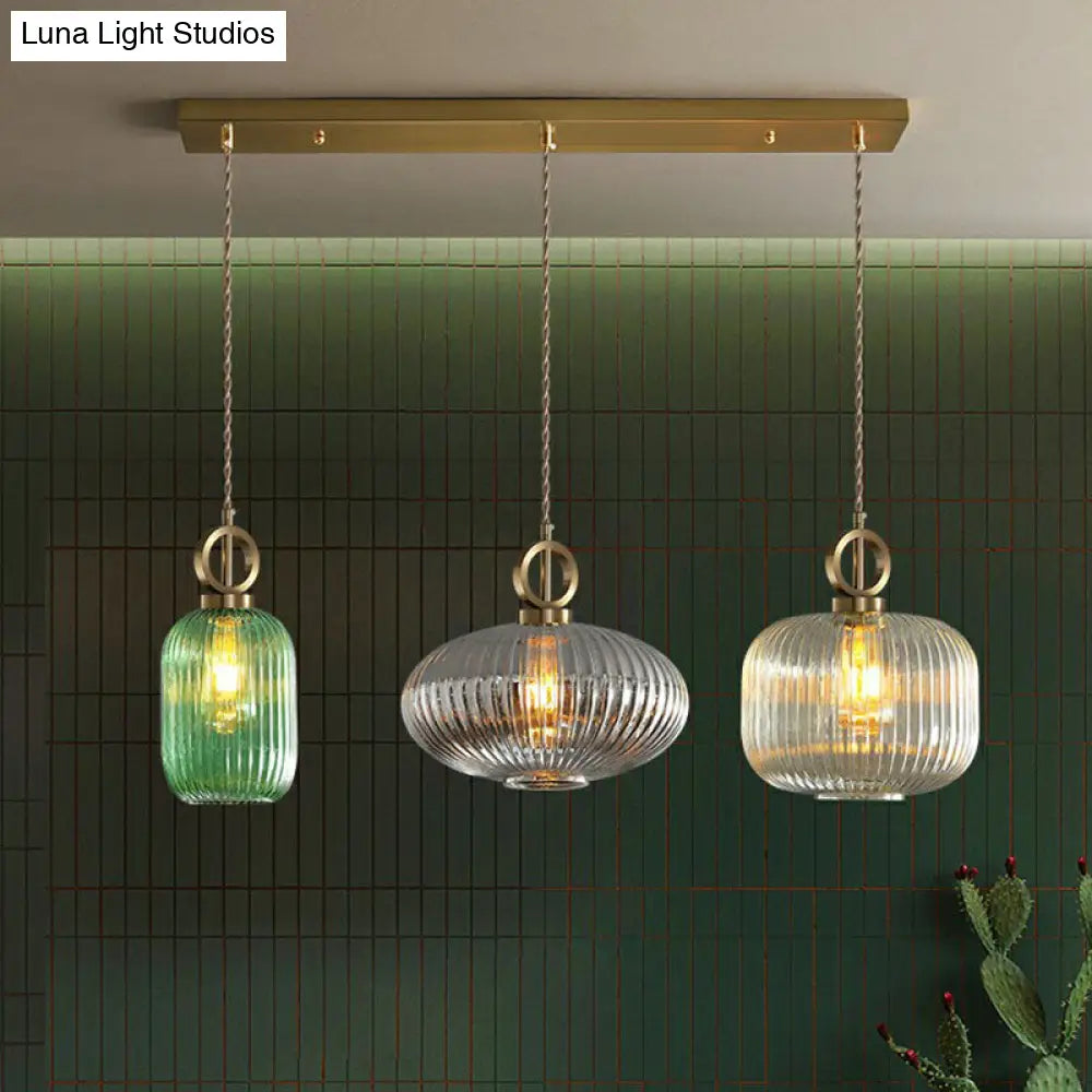 Modern Geometric Multi-Light Pendant With Ribbed Glass Panels - Brass Finish 3-Bulb Suspension