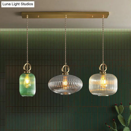 Modern Geometric Multi-Light Pendant With Ribbed Glass Panels - Brass Finish 3-Bulb Suspension