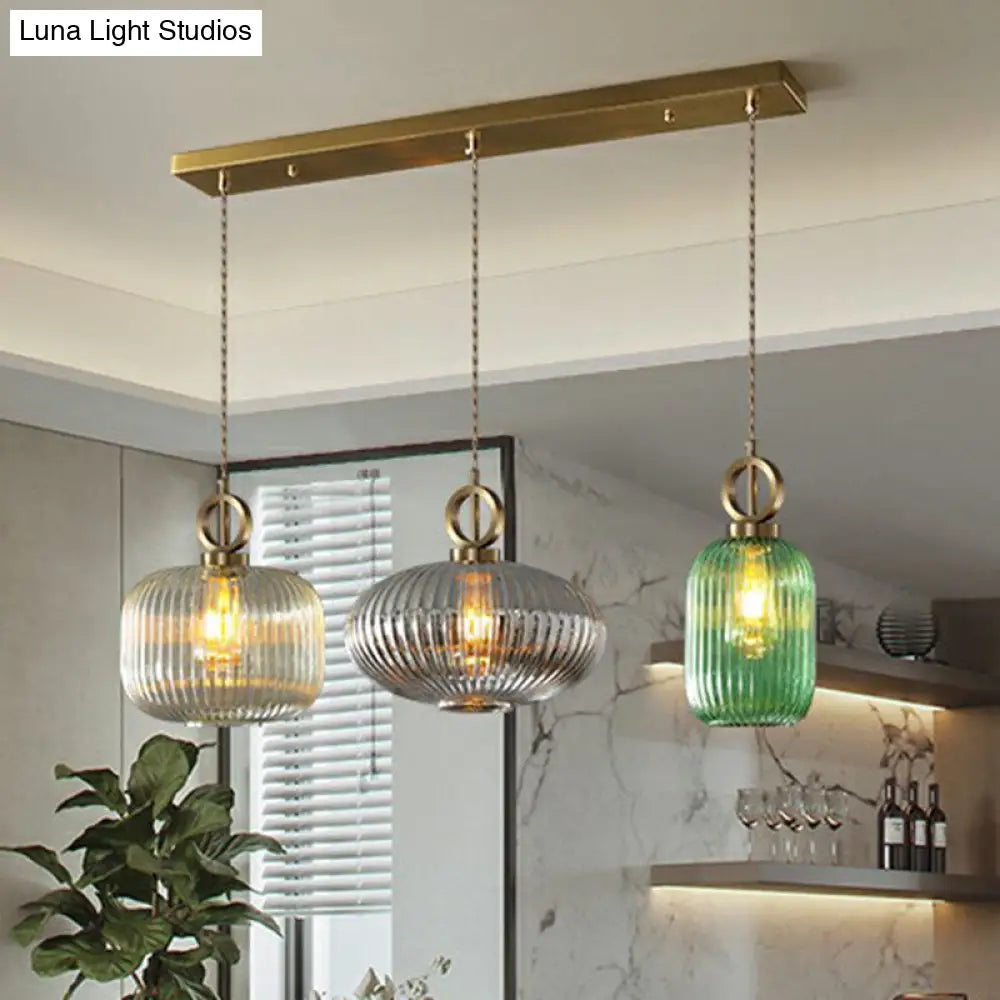 Modern Geometric Multi-Light Pendant With Ribbed Glass Panels - Brass Finish 3-Bulb Suspension