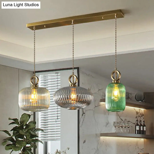 Modern Geometric Multi-Light Pendant With Ribbed Glass Panels - Brass Finish 3-Bulb Suspension