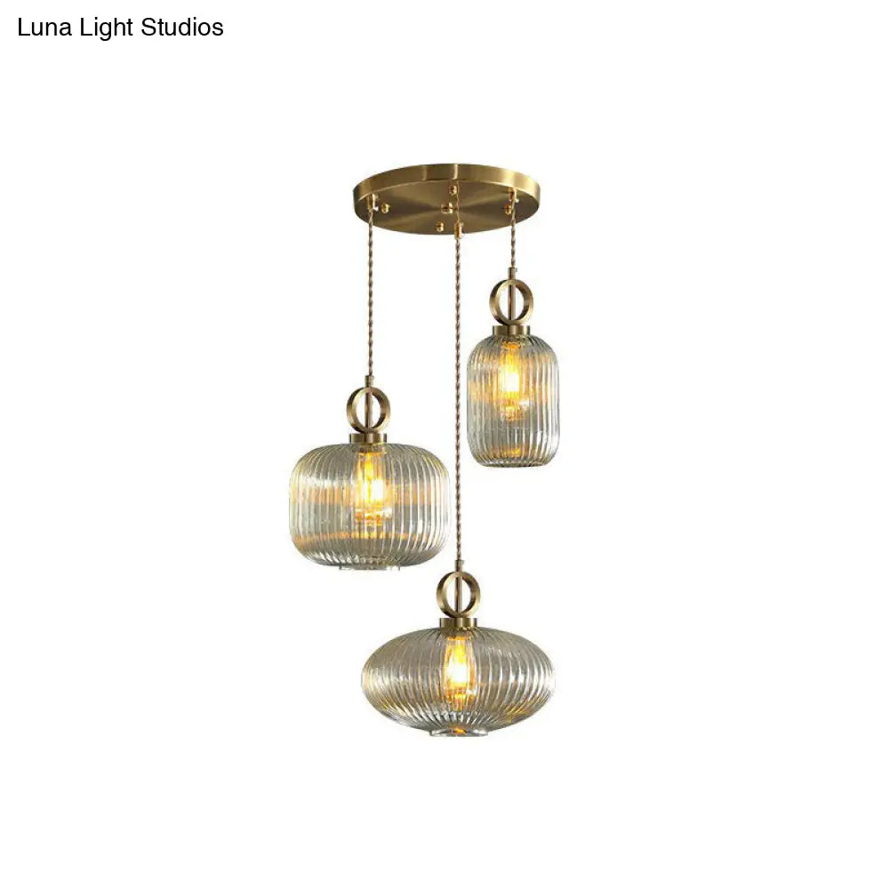 Modern Geometric Multi-Light Pendant With Ribbed Glass Panels - Brass Finish 3-Bulb Suspension