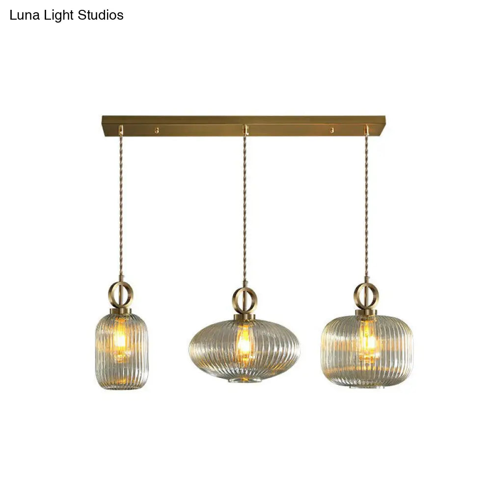 Modern Geometric Multi-Light Pendant With Ribbed Glass Panels - Brass Finish 3-Bulb Suspension