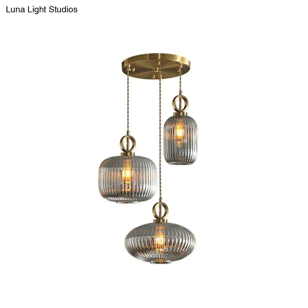 Modern Geometric Multi-Light Pendant With Ribbed Glass Panels - Brass Finish 3-Bulb Suspension