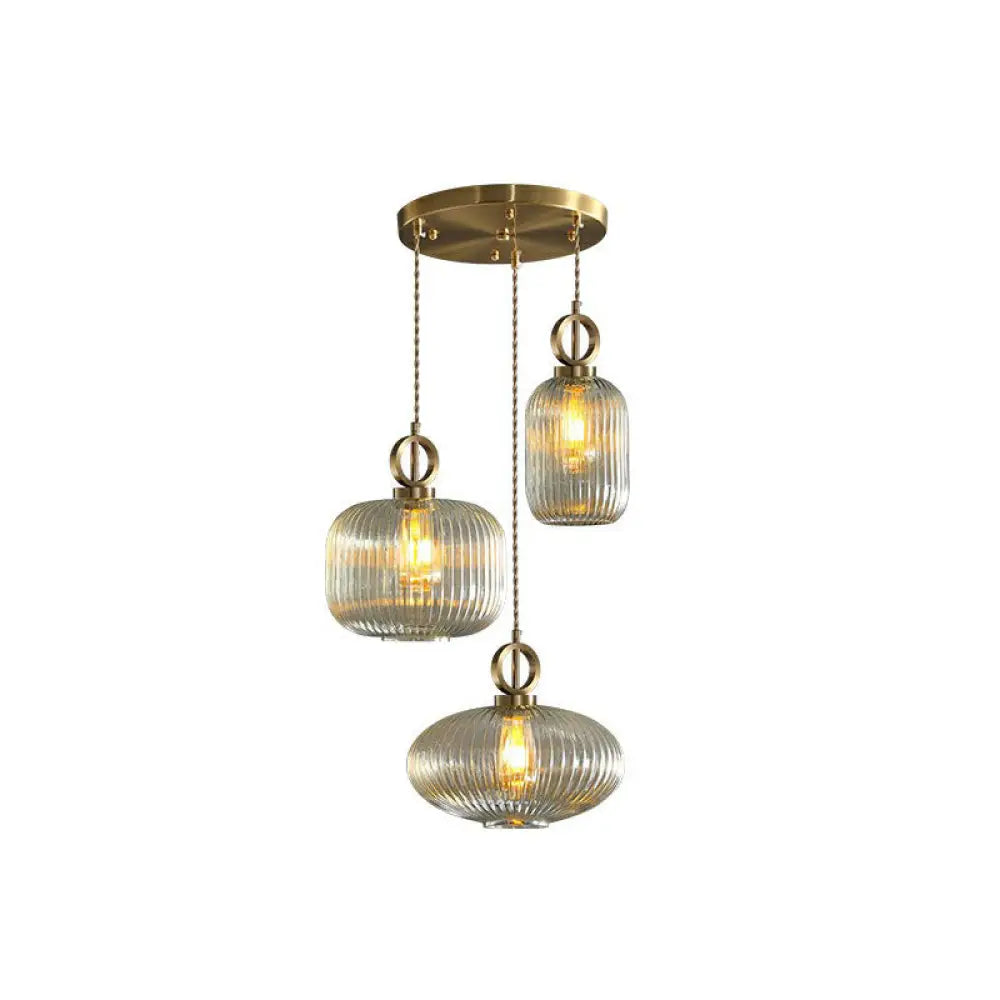 Modern Rib Glass Pendant Light Fixture - Geometric Shape 3 Bulbs Brass Finish Multi-Light