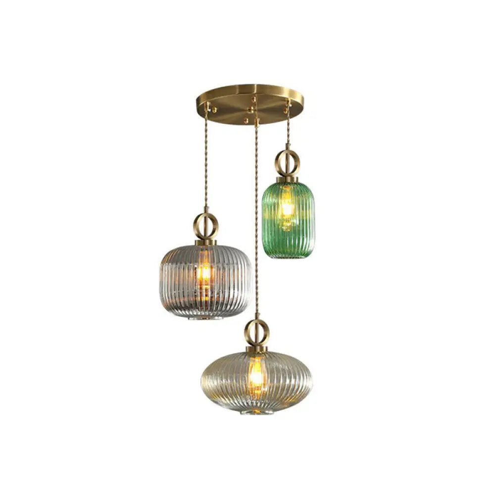 Modern Rib Glass Pendant Light Fixture - Geometric Shape 3 Bulbs Brass Finish Multi-Light