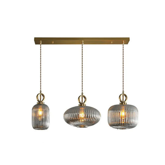 Modern Rib Glass Pendant Light Fixture - Geometric Shape 3 Bulbs Brass Finish Multi-Light