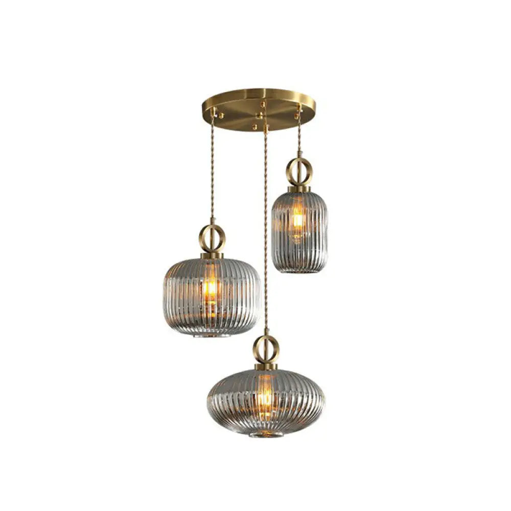 Modern Rib Glass Pendant Light Fixture - Geometric Shape 3 Bulbs Brass Finish Multi-Light