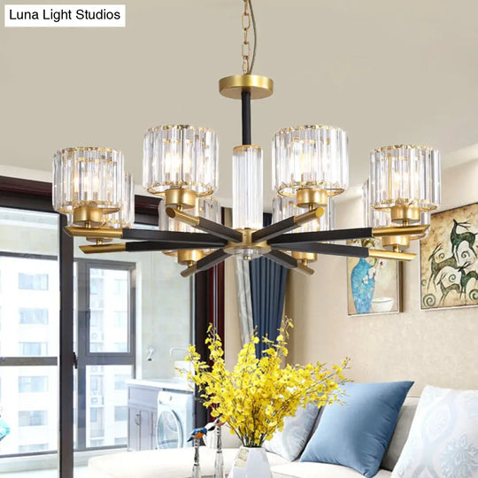 Modern Ribbed Crystal Cylinder Chandelier Pendant - 3/6/8 Head Bedroom Hanging Lamp Kit 8 / Gold