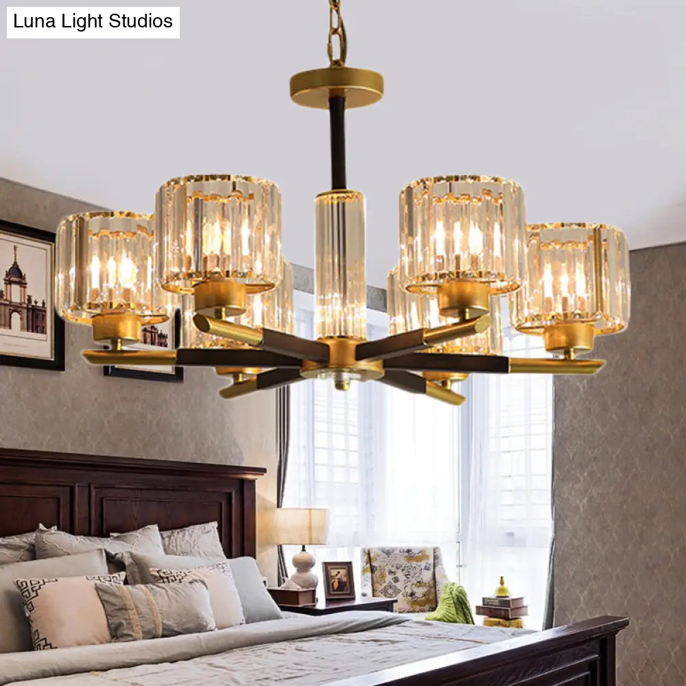 Modern Ribbed Crystal Cylinder Chandelier Pendant - 3/6/8-Head Bedroom Hanging Lamp Kit