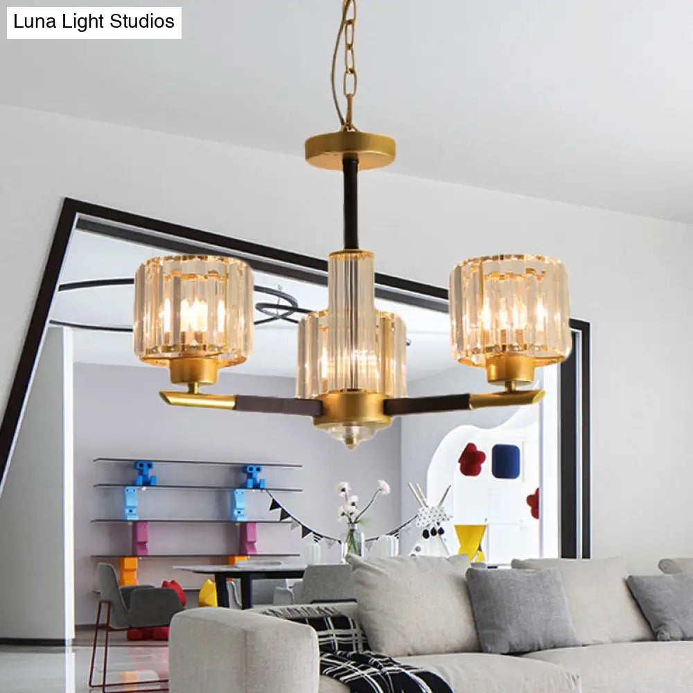 Modern Ribbed Crystal Cylinder Chandelier Pendant - 3/6/8 Head Bedroom Hanging Lamp Kit 3 / Gold