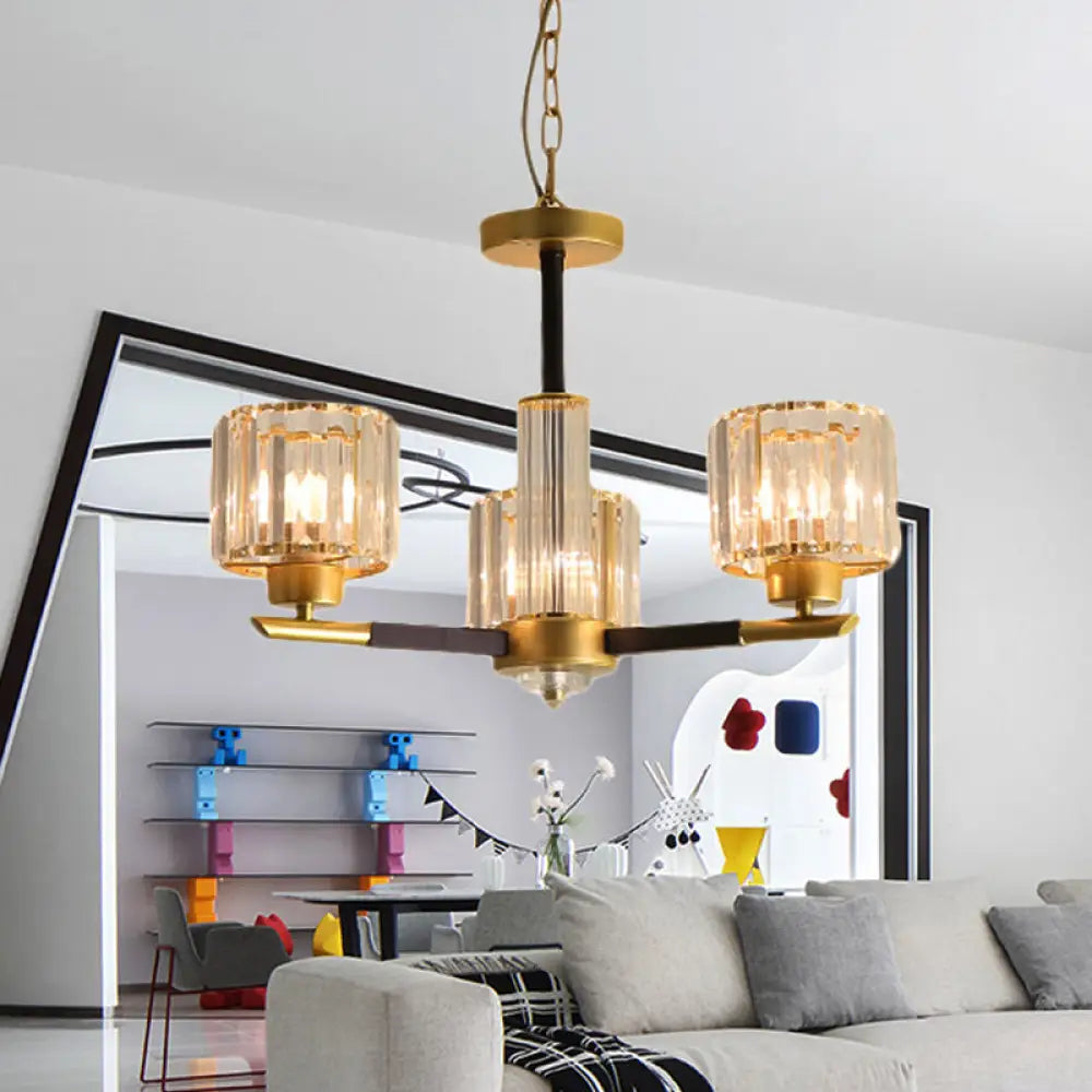 Modern Ribbed Crystal Cylinder Chandelier Pendant - 3/6/8-Head Bedroom Hanging Lamp Kit 3 / Gold