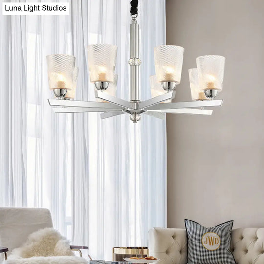 Modern Ribbed Glass 6-Light Chrome Chandelier Pendant - Cup Up Design For Living Room Ceiling Lamp