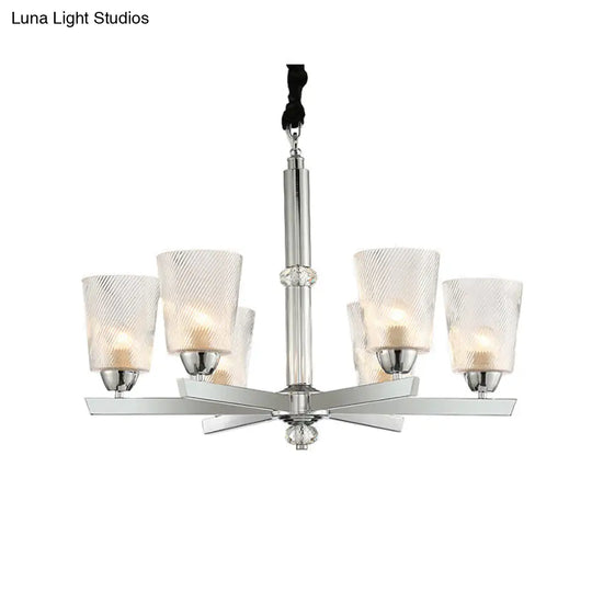 Modern Ribbed Glass Chandelier Pendant - Chrome Finish 6 Lights For Living Room Ceiling