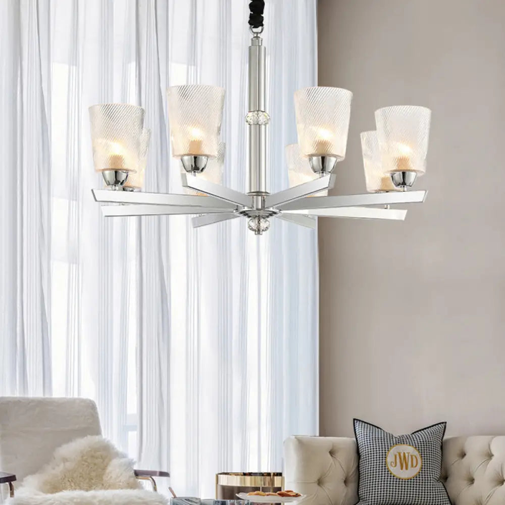 Modern Ribbed Glass Chandelier Pendant - Chrome Finish 6 Lights For Living Room Ceiling