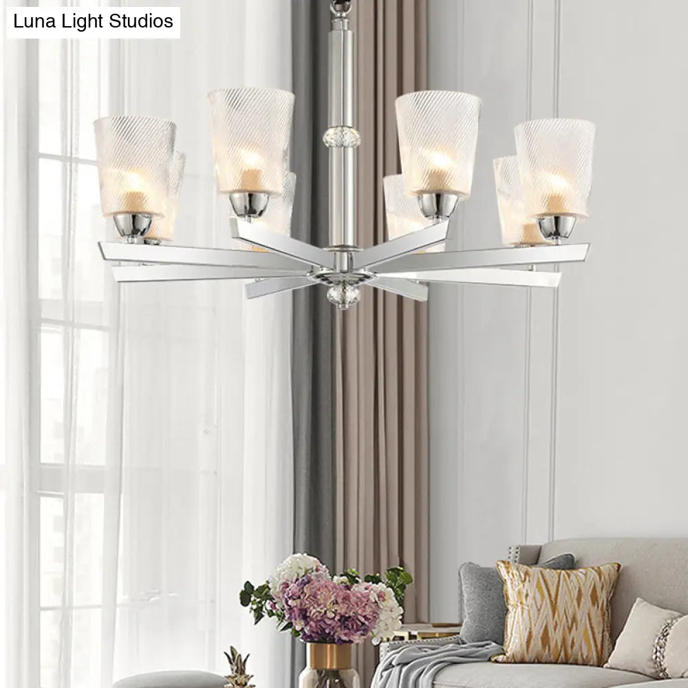 Modern Ribbed Glass Chandelier Pendant - Chrome Finish 6 Lights For Living Room Ceiling