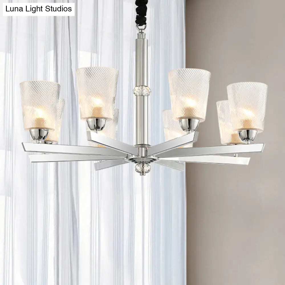 Modern Ribbed Glass Chandelier Pendant - Chrome Finish 6 Lights For Living Room Ceiling