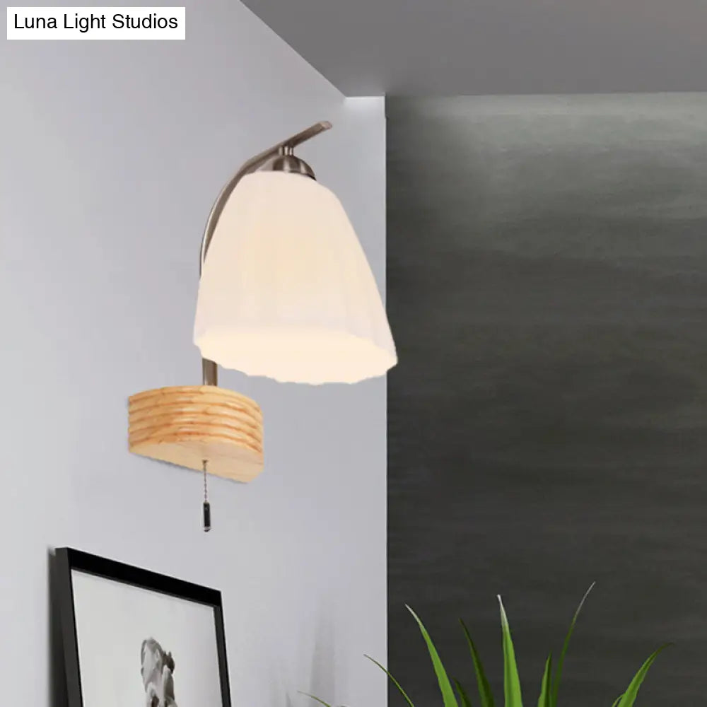 Modern Ribbed Glass Flared Sconce Light Fixture With Pull Chain And Wood Backplate - 1 Head Wall