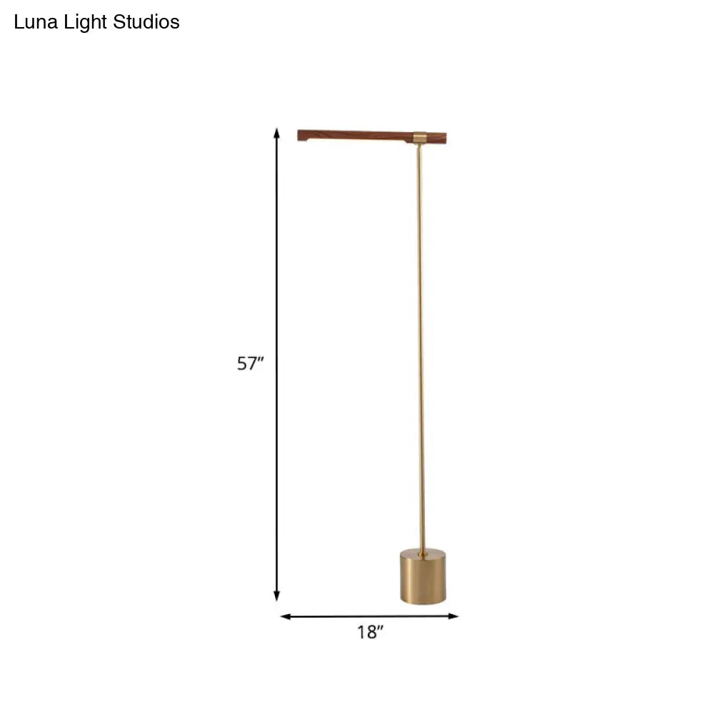 Modern Right Angle Metal Floor Lamp With Gold Finish Wood Shade | White/Warm Lighting For Bedroom