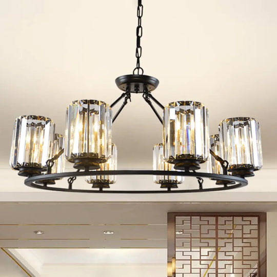 Modern Ring Crystal Chandelier With Clear Cylinder Shade - 6 Or 8 Bulbs Black Suspension Lamp /