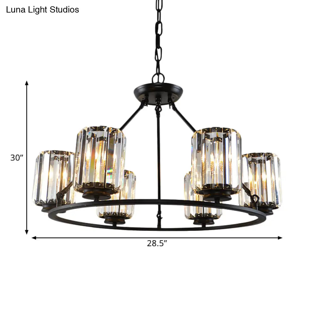 Modern Ring Crystal Chandelier With Clear Cylinder Shade - 6 Or 8 Bulbs Black Suspension Lamp