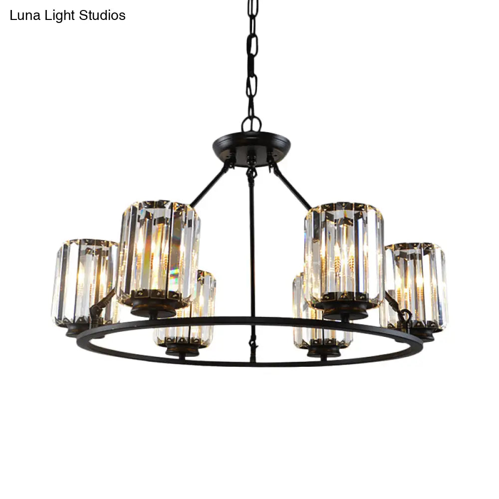 Modern Ring Crystal Chandelier With Clear Cylinder Shade - 6 Or 8 Bulbs Black Suspension Lamp