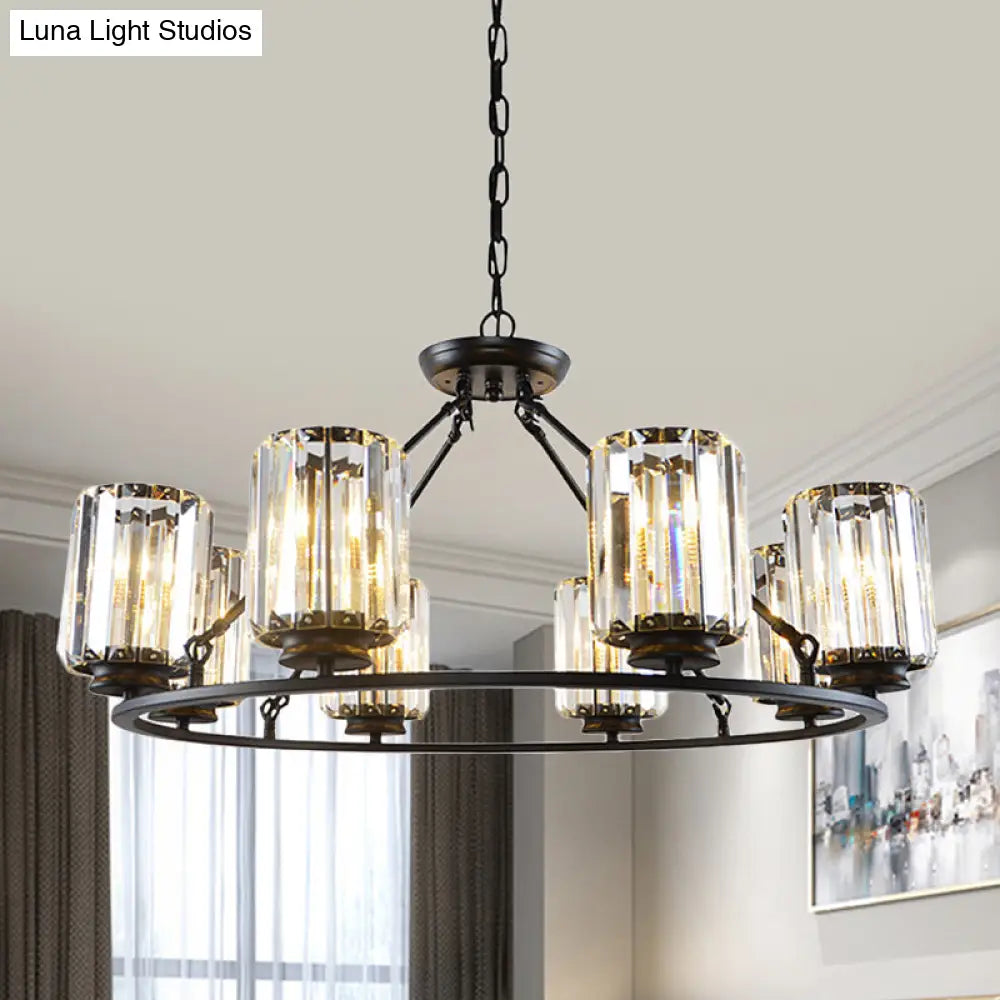 Modern Ring Crystal Chandelier With Clear Cylinder Shade - 6 Or 8 Bulbs Black Suspension Lamp