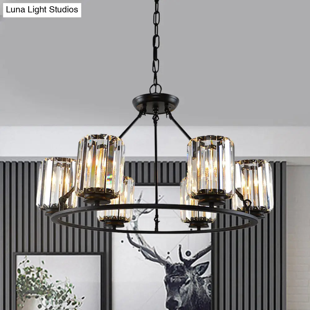 6/8 Bulb Clear Crystal Ring Chandelier With Black Cylinder Shade 6 /